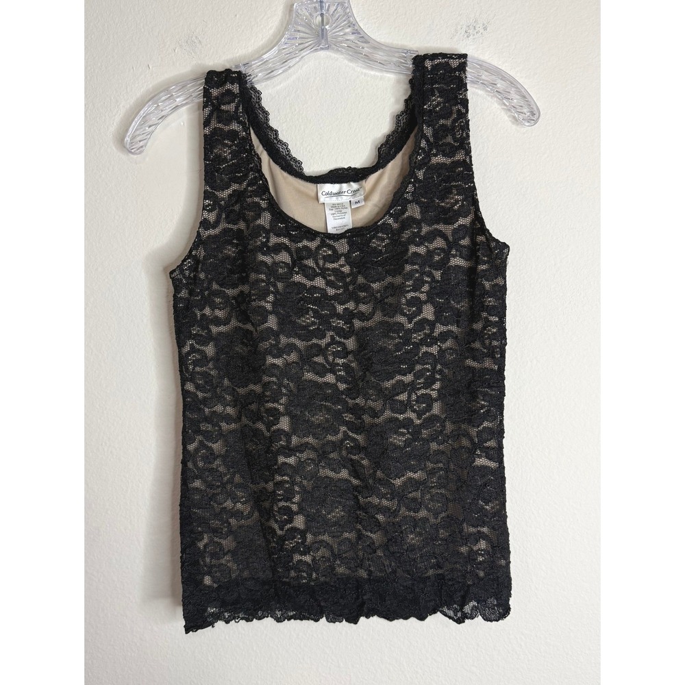 Coldwater Creek Tank Top Women M Black Lace Overlay Tan Lining Floral Scoop Neck